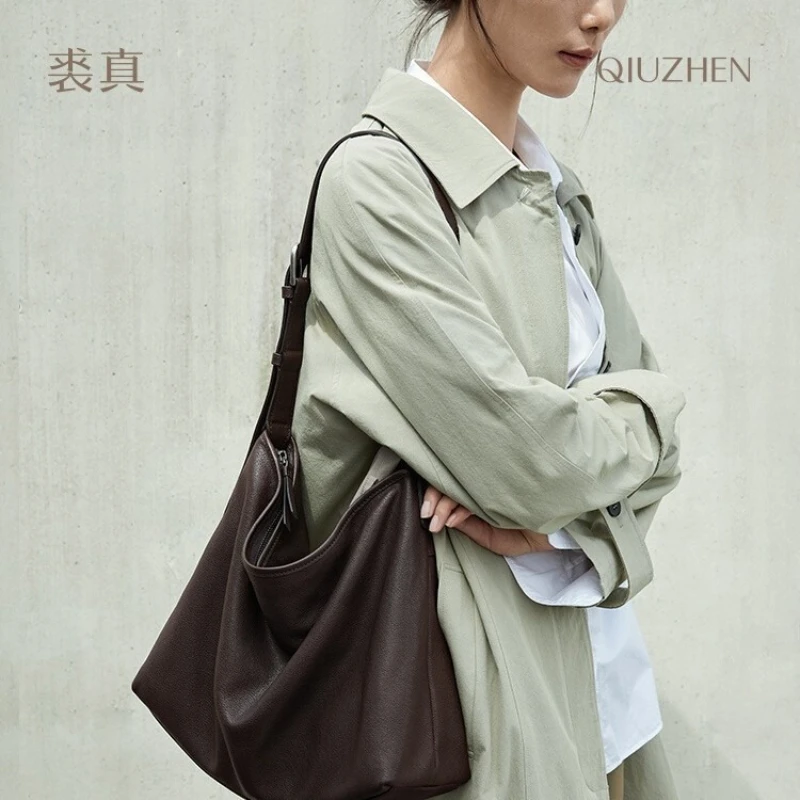

QIUZHEN Vegetable-Tanned Cowhide Hobo Bag Casual Versatile Shoulder Crossbody Bag Large Capacity Commuter Bag for Women