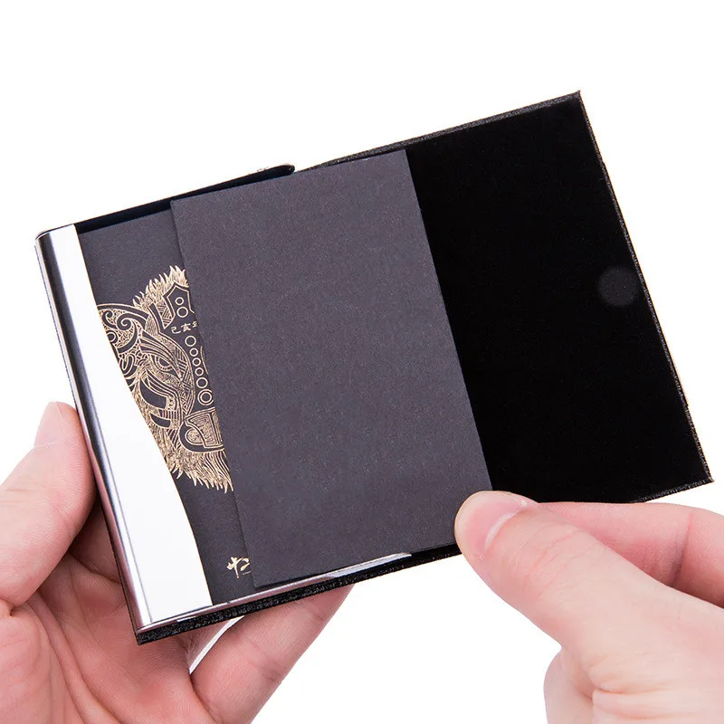 PU Leather Business Card Holder with Magnetic Buckle Slim Pocket Name Card Holder Stainless Steel Credit Card ID Case for Men