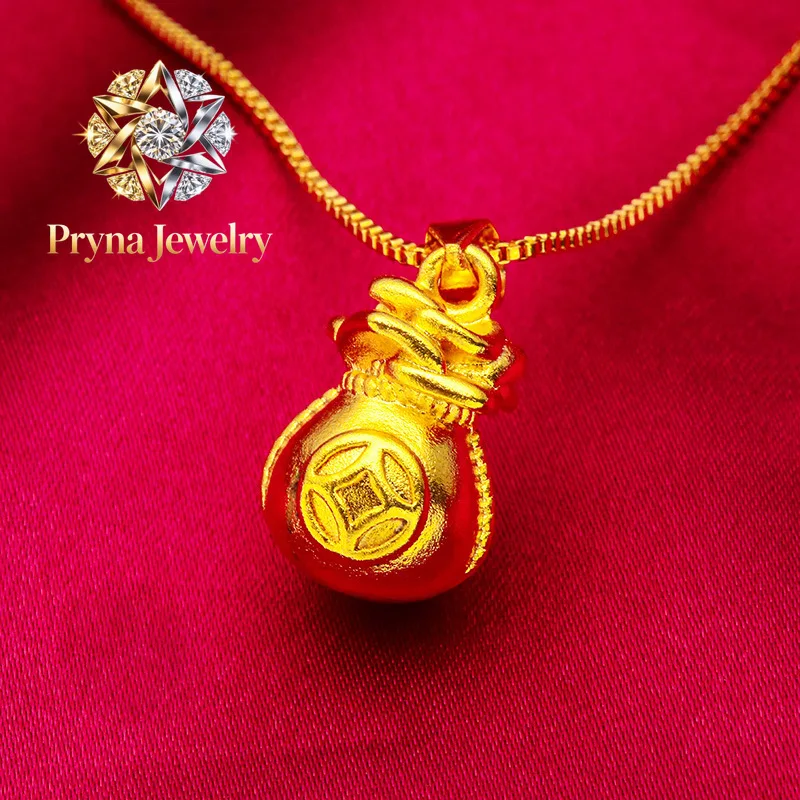 Pryna Jewelry   Solid Lucky Pouch Necklace for Women, 24K Gold, AU999 | Minimalist smooth pouch on delicate chain, subtle elegan