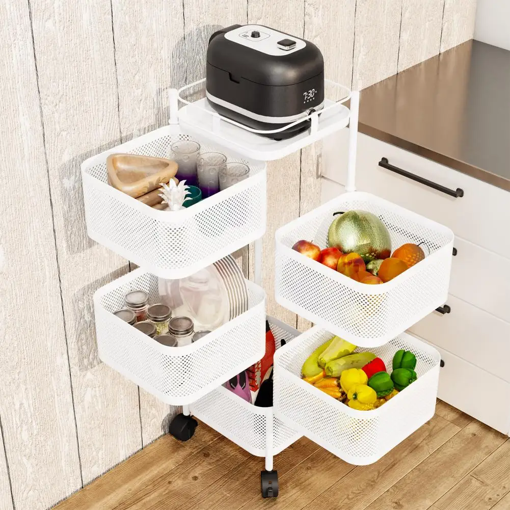 [White] 5-Layer Kitchen Storage Cart, Kitchen Trolley on Wheels,Fruit Vegetable Metal Wire Shelf with Top Lid for Living Room