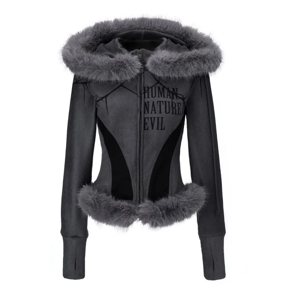 

Пальто с капюшоном в американском стиле панк, женское субкультура с длинным рукавом, винтажное пальто на молнии, куртка с воротником из искусственного меха, осенняя женская одежда