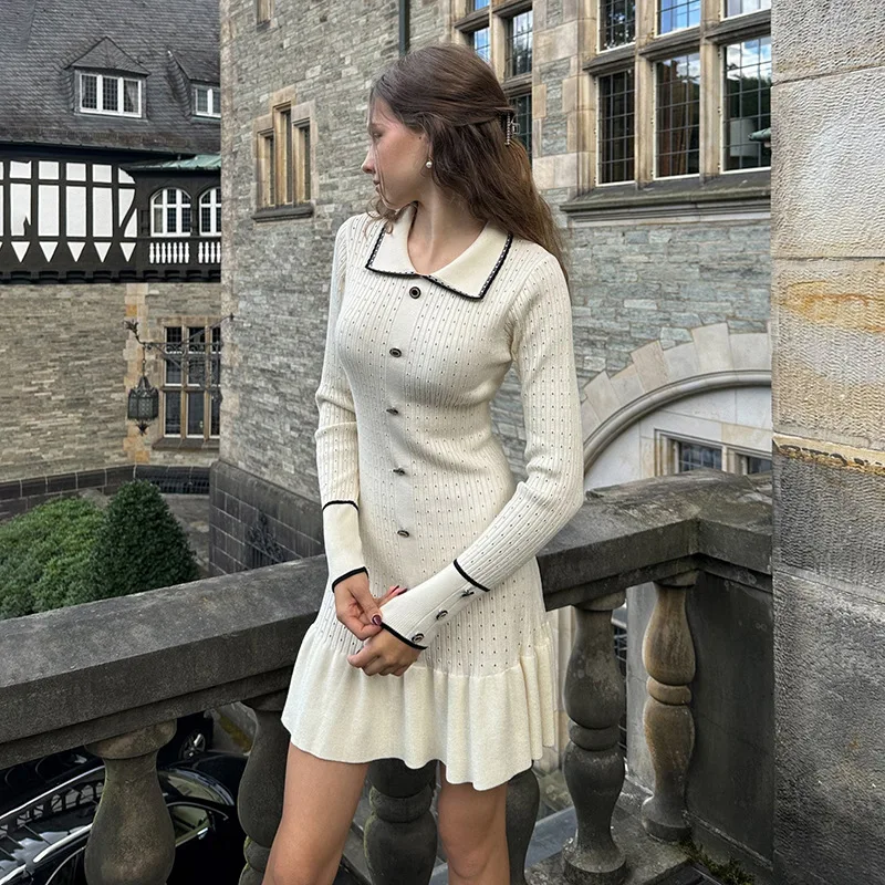 

Fashion Knitted Turn-down Collar Button Women Dress White Long Sleeve High Waist Dress Female Autumn Slim Casual Party Clubwear