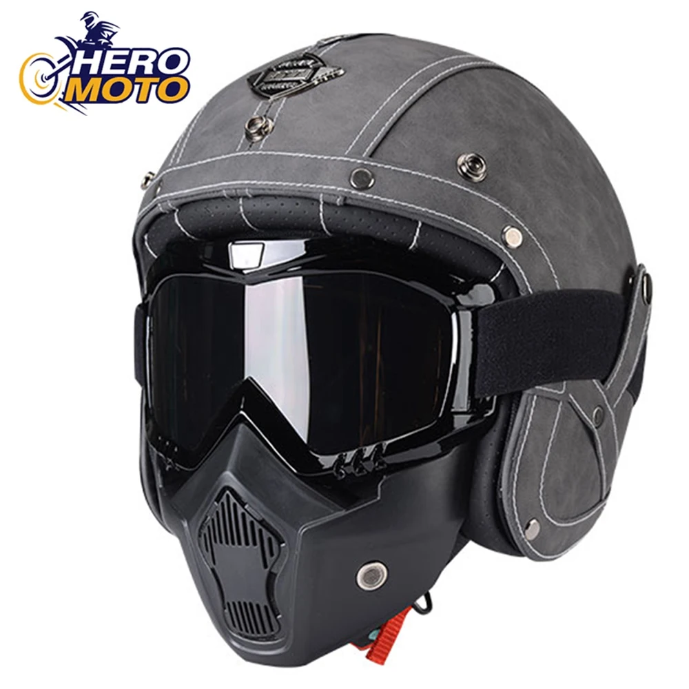 

Retro Motorcycle Helmet Motocross PU Leather Moto Helmets Motorbike Open Helmet Vintage Helmet DOT Certified Summer Breathable