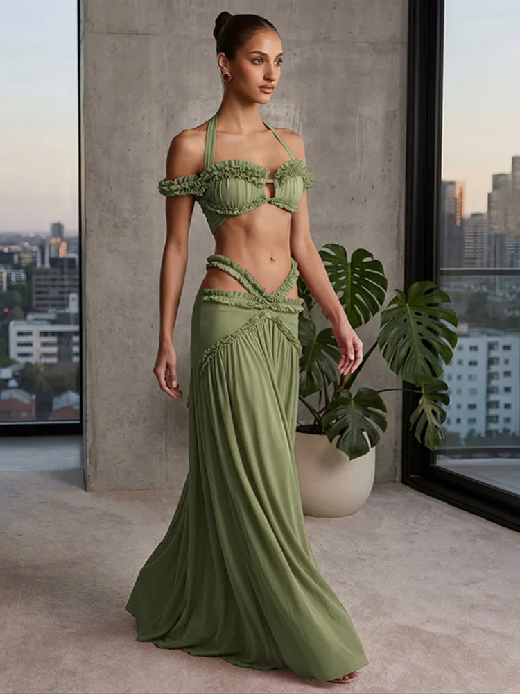 Ensemble jupe longue 2 pièces pour femme Mozision, haut court à volants et épaules dénudées, et jupe longue, tenue élégante assortie pour soirée