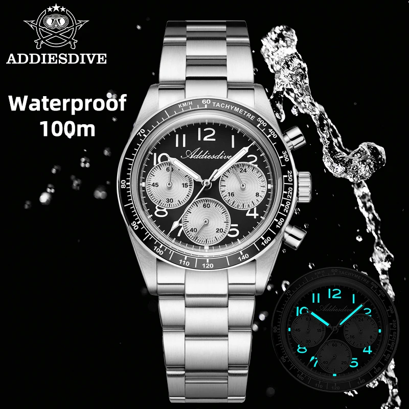 

ADDIESDIVE Men Chronograph Watch BGW9 Luminous 100M Waterproof Wristwatch 37MM Bubble Glass Ceramic Bezel VK63 Quartz Watches