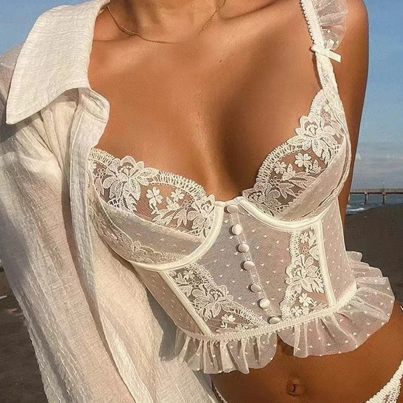 French Style White Lace Lingerie Fishbone Summer Lolita Sheer Tight-fitting Bra Vest Shaping Gathering Charms Outerwear Bra Set