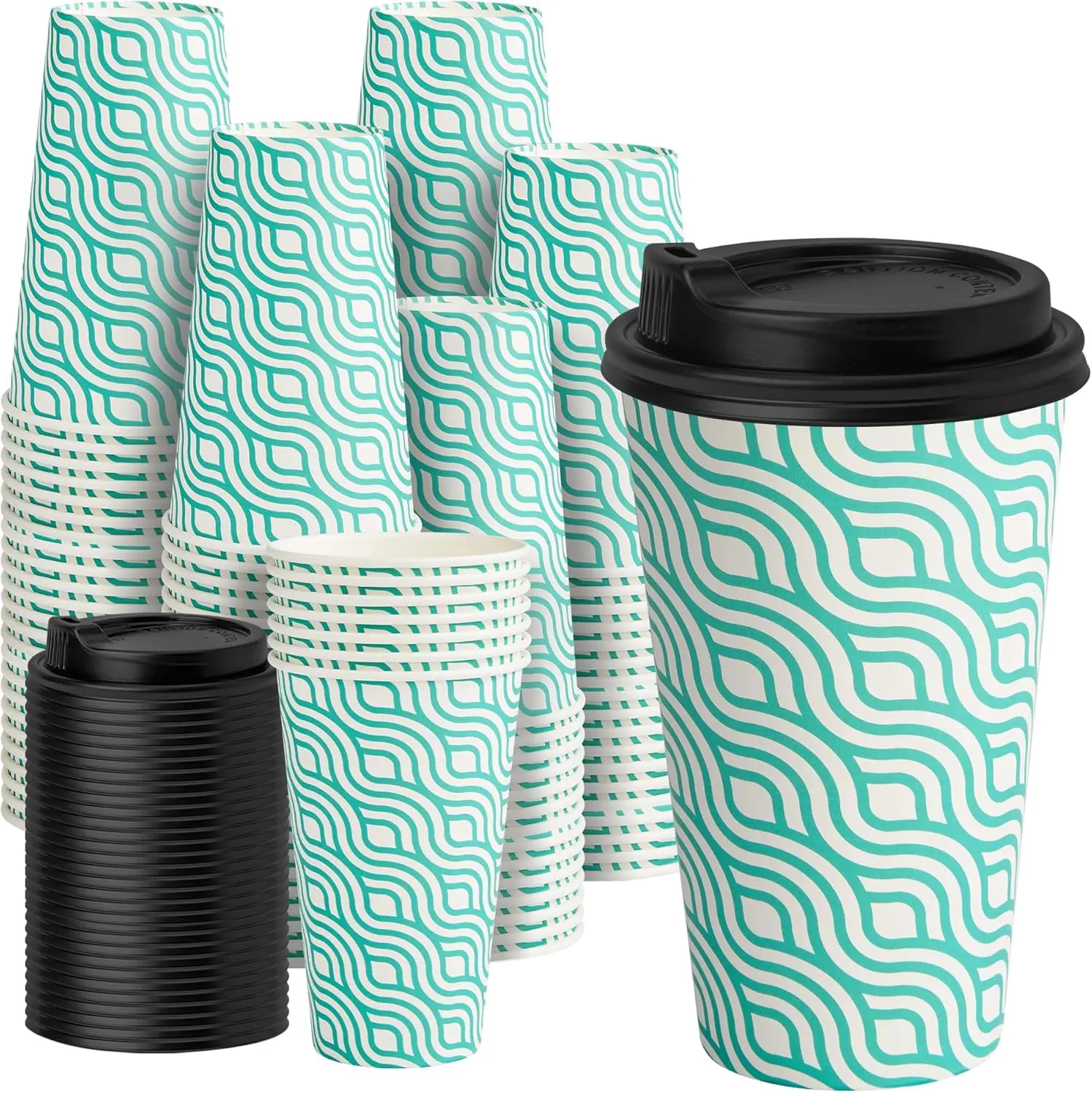 

16 oz Disposable Paper Coffee Cups with Lids, 100 Pack Green To-Go Drinkware for Hot and Cold Beverages