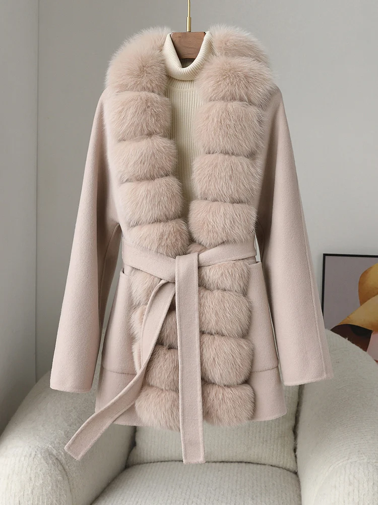 

Double sided cashmere coat small woman medium long big fur collar Korean slim high-end pure wool coat