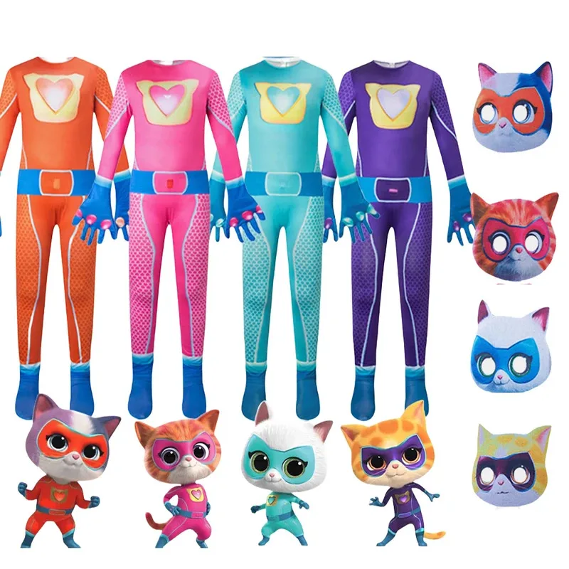 

Super Kitties Cosplay Costume Tight Jumpsuit Super Cat Bodysuit Kids Halloween Costume Anime SuperKitties Birthday Party Costume