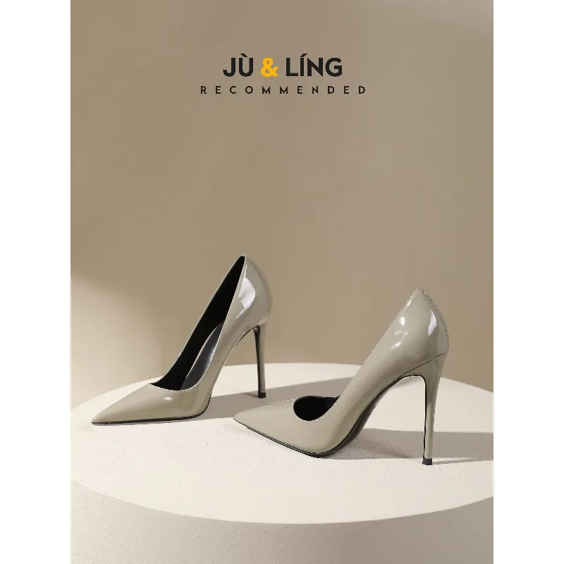 

2025 new gray temperament fine heel professional commuting patent leather shallow mouth single shoes pointed high heels