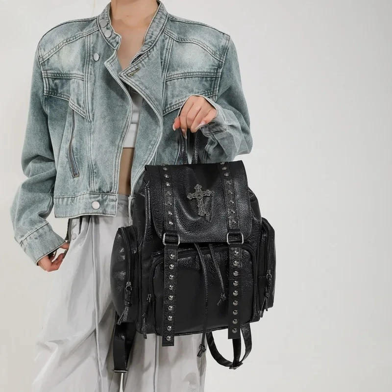 Punk Streetwear Black Vintage Washed Faux Leather Backpack | Rivet & Cross Embellishment Large-Capacity Utility Shoulder Bag