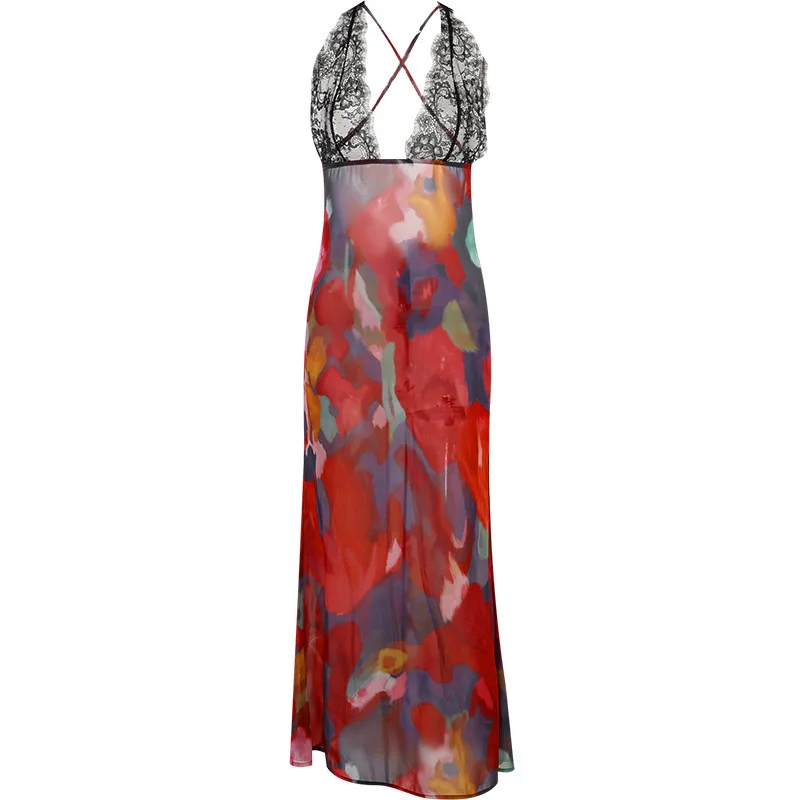 ชุดเดรสยาวลายพิมพ์ลูกไม้คอวีลึก สายเดี่ยว แฟชั่นฤดูร้อนสำหรับผู้หญิง เอวสูง ทรงเอ