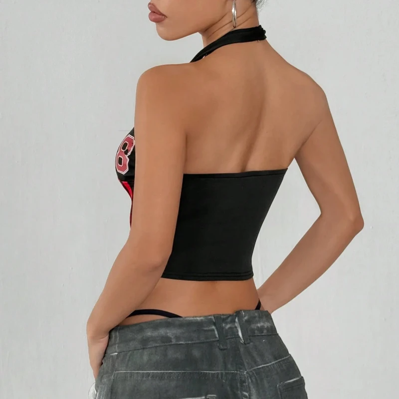 Digitaal printen Mouwloos vest met riemhals Persoonlijkheid Open rug Hottie Girl Modekleding Zomer 2025, Street Style Dames