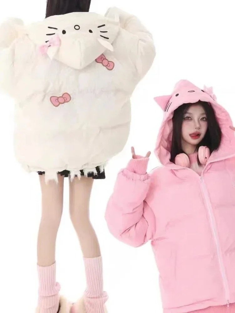 2023 Winter New Hello Kitty Cotton-Padded Clothes Winter Parkas Cotton Padded Clothes Thickened Warm Loose Coat for Women Girls