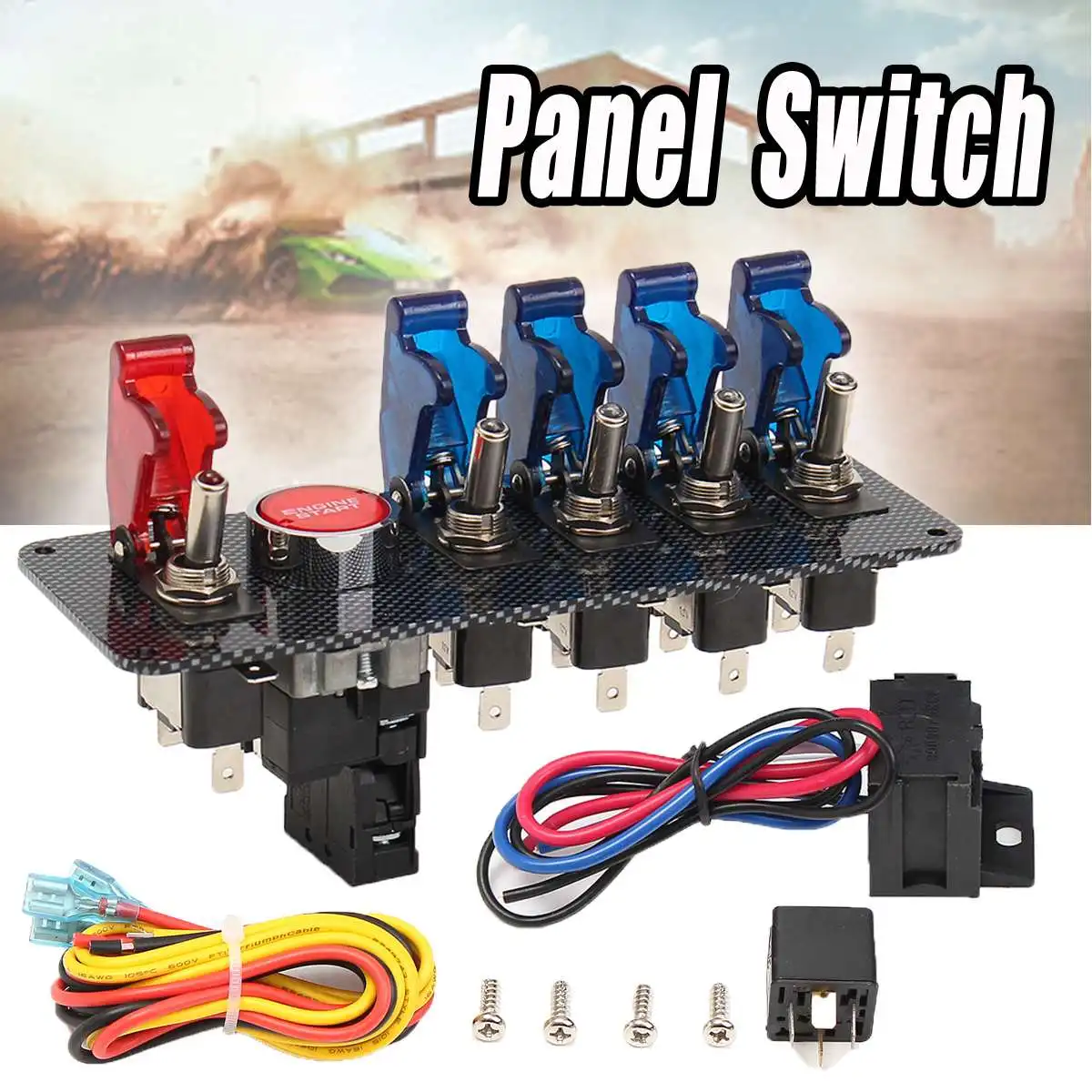 NEW 12V Auto LED Toggle Ignition Switch Panel Racing Car Engine Start Push Set Kit + 4 Blue & 1 Red LED Toggle Button Panel