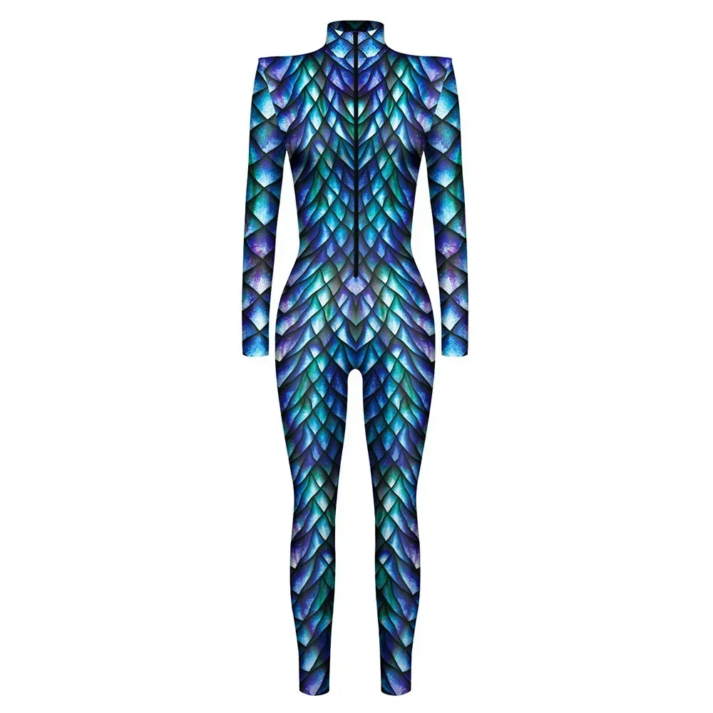 Ladies Snake Pattern Peafowl  3D Jumpsuit Catsuit Fish Scale Sexy Women Cosplay Costumes Zentai Female Halloween Party Bodysuit