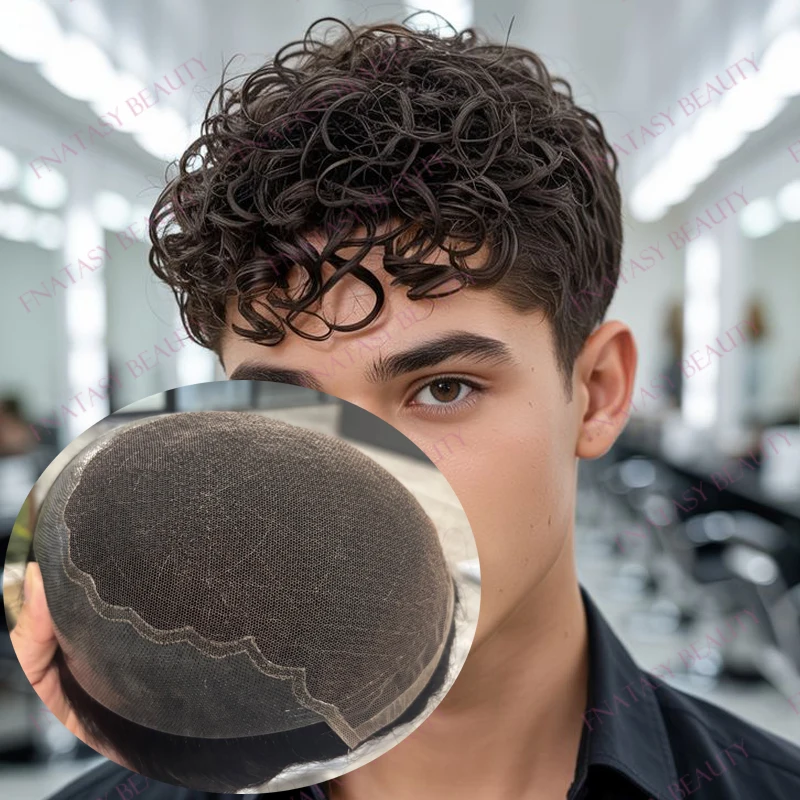 

Invisible Comfortable 20mm Curly Men's Human Hair Toupee Breathable Q6 Swiss Lace Front PU Aound Base Afro Black Man's Brown Wig