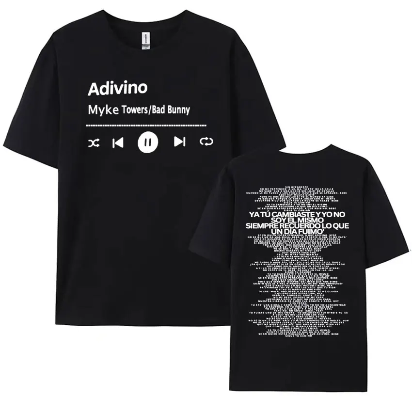 Rapper Myke Towers Adivino Full Lyric Latin Music T Shirts Men Women Hip Hop Vintage Concert T-shirt Oversized Cotton Streetwear