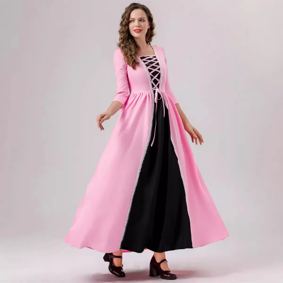 Medieval Renaissance Costume Women Vintage Pink Dress Big Swing Role Play Party Clothing