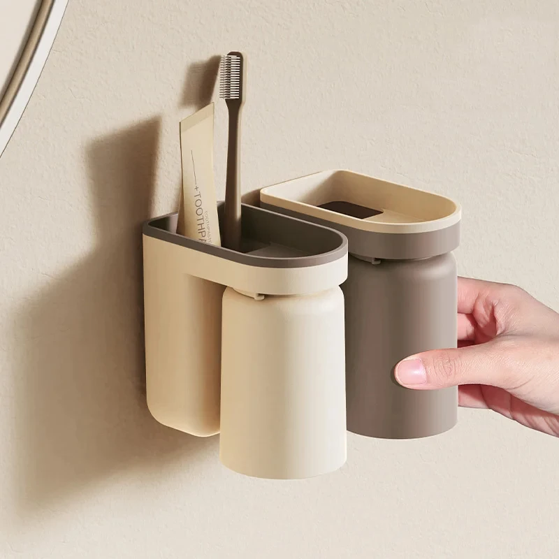 Soporte de almacenamiento de pasta de dientes montado en la pared, juego de tazas para la boca, estante tipo hebilla inversa, accesorios de baño