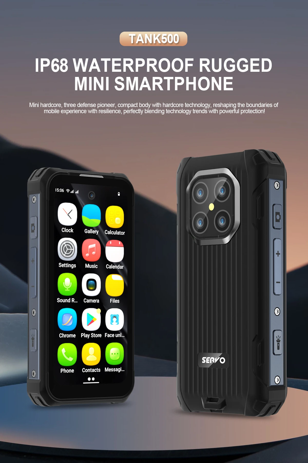 SERVO TANK500 4G Android Mini Rugged Smartphone 6GB+128GB 2 SIM Face Unlock 3.88 inch 3000mAh 13MP Camera Waterproof Smart Phone