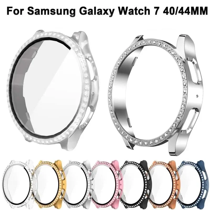 Glass+Diamond Case for Samsung Galaxy Watch 7 40mm 44mm Accessories Bling PC Bumper+Screen Protector Galaxy Watch 7 Cover Case