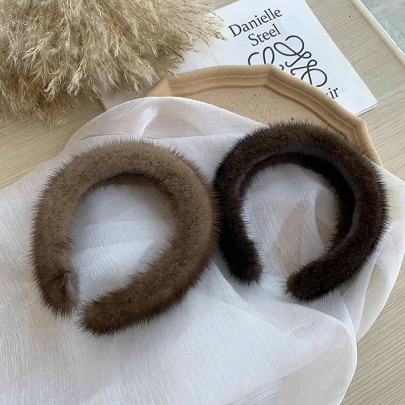 New Winter Real Mink Fur Headband For Women Hair Accessories Solid Head Wraps Warm Furry Gift