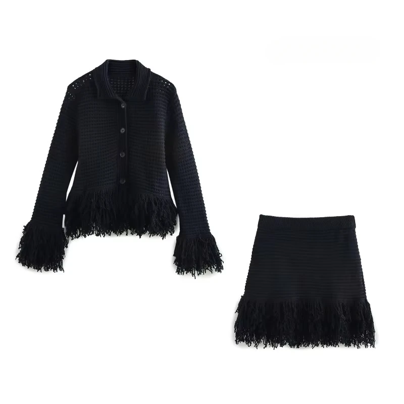 Sivatu 2025 Fringe Detail Set - Notch Lapel Sweater & High Waist Striped Skirt Autumn Essentials