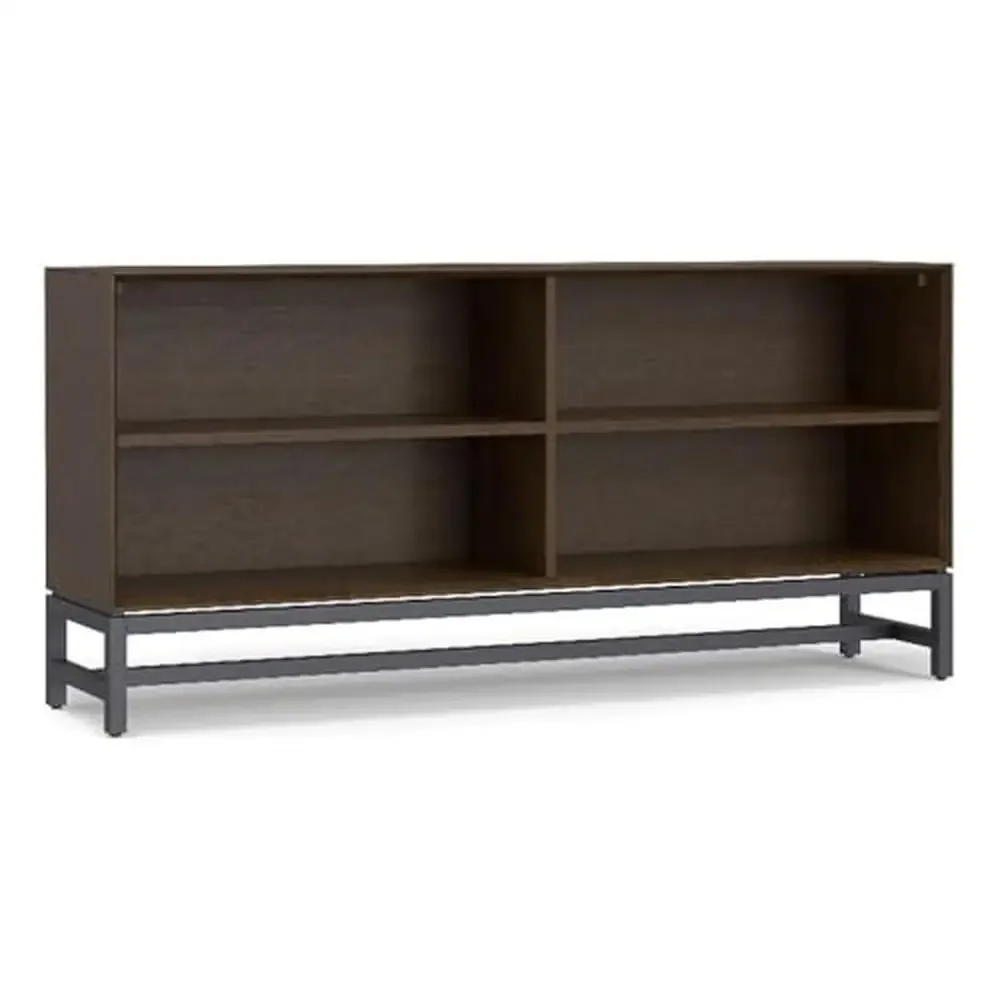 Modern Low Wide Bookcase Walnut Brown Solid Hardwood 30x64 Handcrafted Metal Shelves Anti-Tip Hardware Multipurpose Storage Unit