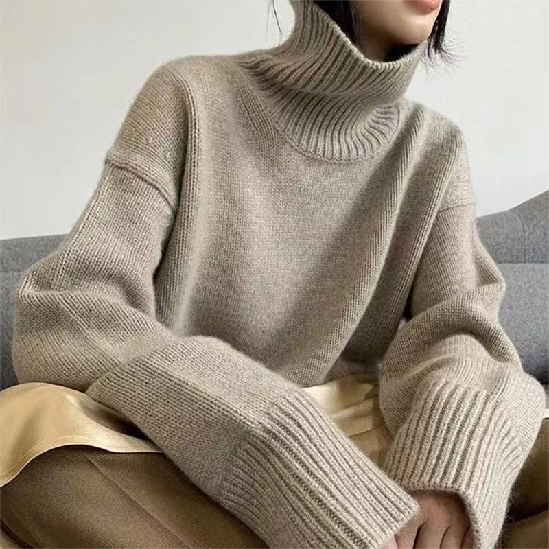 

High Quality Turtleneck Knitted Pullovers Women Autumn Winter High Street Long Sleeve Sweaters Lazy Style Casual Bottoming Tops