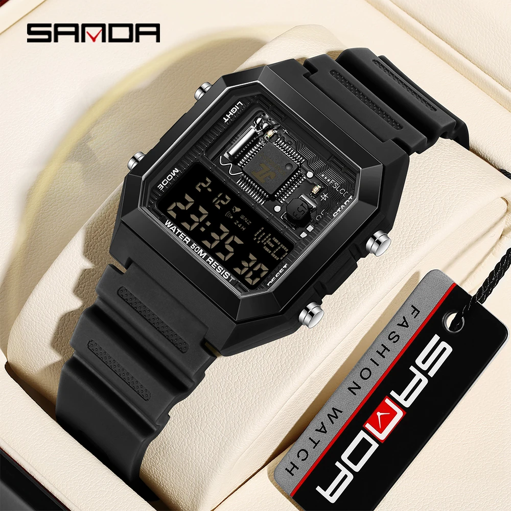 SANDAD Top Brand 6216 Men's Electronic Watch Alarm Clock Men's Electronic Watch Square Multi functional Countdown Watch