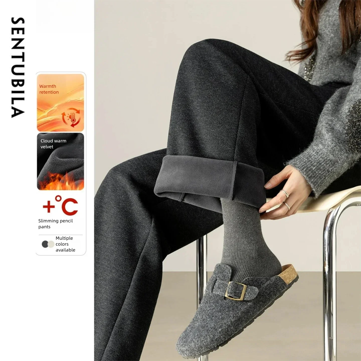 SENTUBILA Pendelhose für Damen, 2025, Winter-Wollmischung, mit Fleece gefüttert, gestrickt, gerade, lange Hose, einfache Damenkleidung 154KA6339