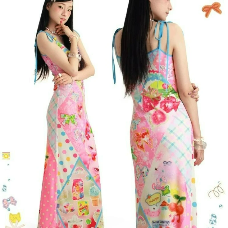 

Новое летнее модное платье 2026 года: длинное, с бисером и завязками, в отпускном стиле, с милым мультяшным принтом, двустороннее, с завязками на шее, для женщин