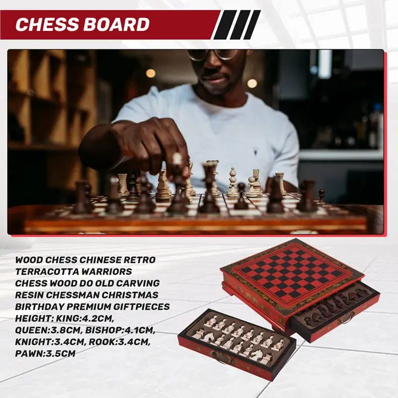 

Chess Wood Chess Chinese Retro Terracotta Chess Wood Do Old Carving Resin Chessman Christmas Birthday Premium Gift