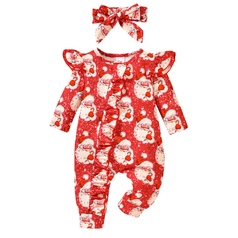 

Baby Girl's Santa Print Romper with Headband Infant Long Sleeve Ruffled Jumpsuit Outward Comfortable Zipper Bodysuit for 3-18M