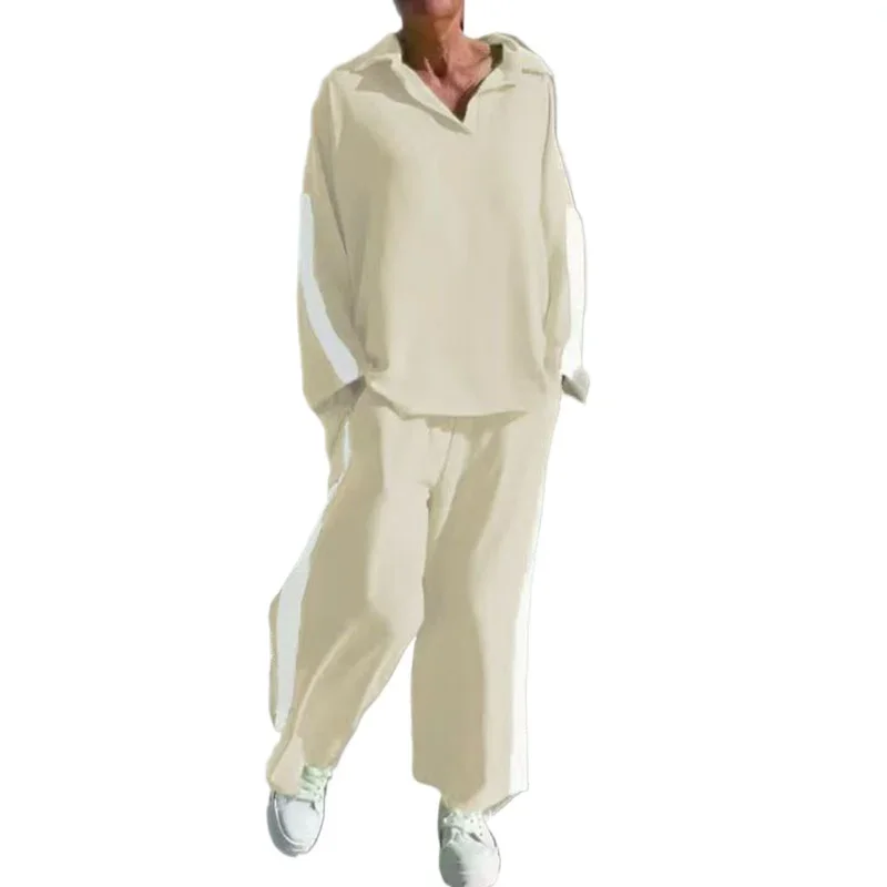 カジュアルルーズトランダウンカラー女性服秋フルスリーブトップス-ロングパンツセットエレガントなストライププリントコントラストカラースーツ