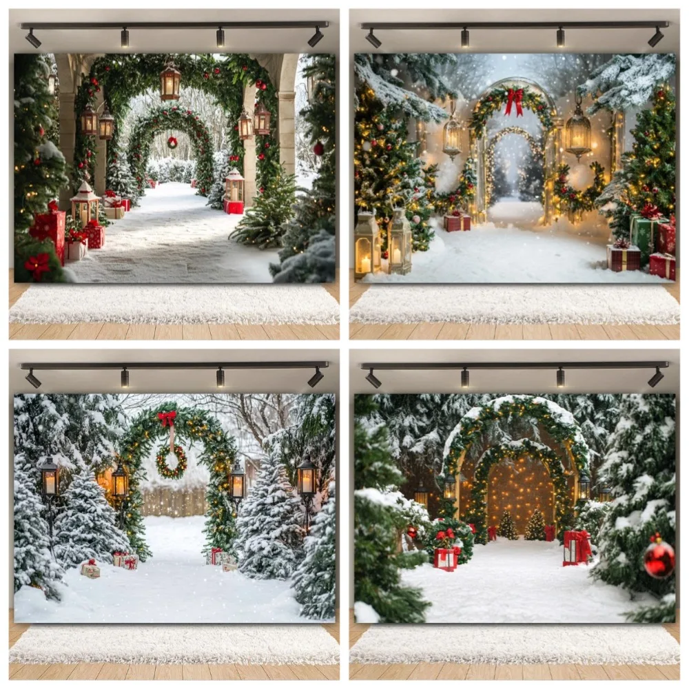 

Winter Christmas Backdrop for Photography Glitter Arch Door Xmas Tree Wreaths Snow Kids Family Portrait Decor Photo Background