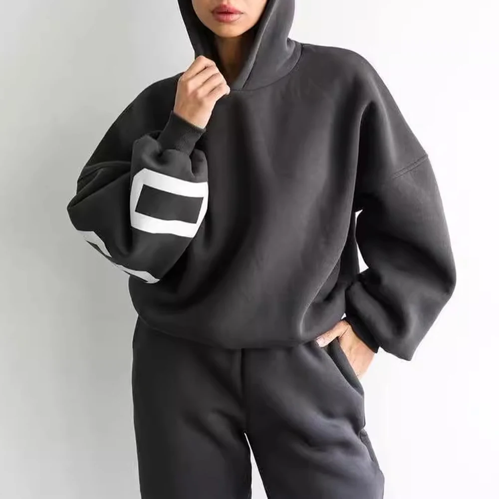 レディースセット オールシーズン シンプル 上品 長袖 ラウンドネック ナチュラルウエスト フルレングス レタープリント フード付き スポーティ レディースセット