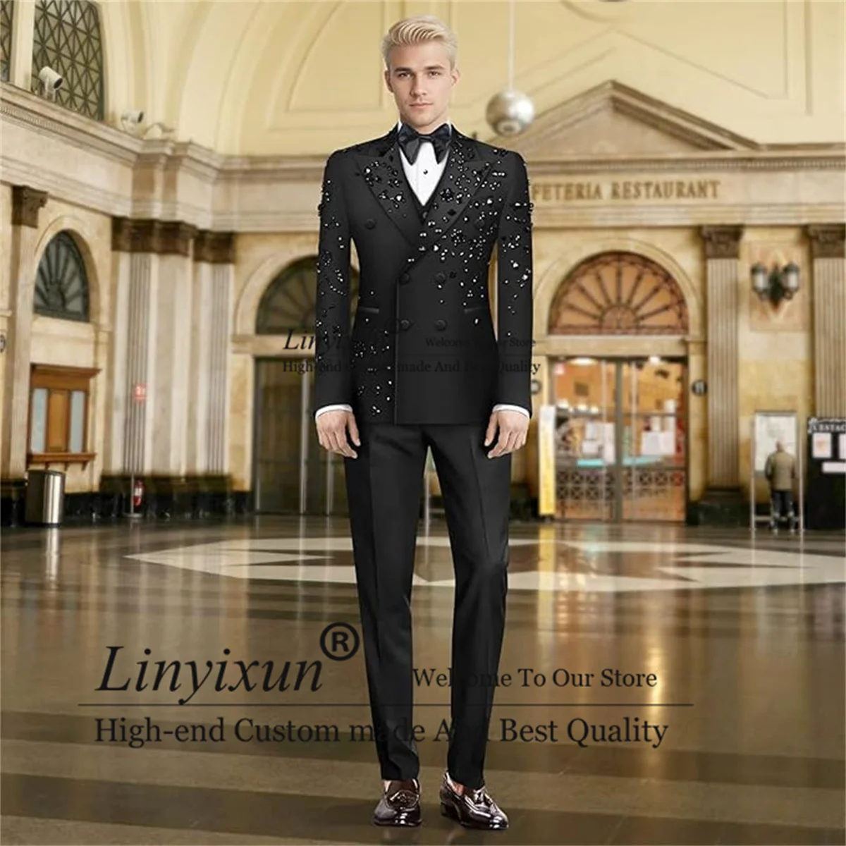 

Glitter Metallic Crystals Tuxedos Men Suits Customized Slim Fit Wedding Outfits Groom Male Blazers 2 Piece Sets Ropa Blazers