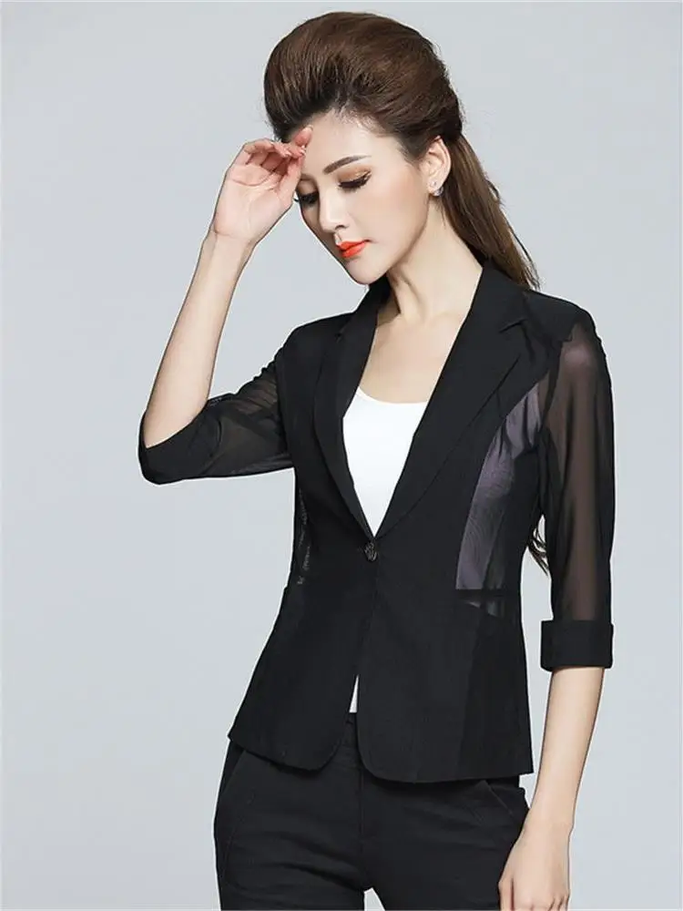 

Bla ort OL Sle Suit Jaet Women's Summer Thin Me Profional Workwear Top Button Detail Seven Sve Length