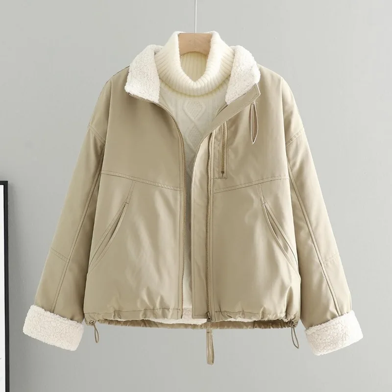 

Thickened Lamb Women's Loose and Versatile Wool Spliced cotton Jacket and Cotton Jacket Casual New Winter Plush Thermal Jacket