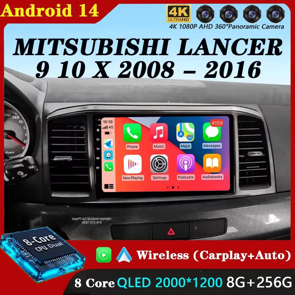 For MITSUBISHI LANCER 9 10 X 2008 2009 2010 2011 - 2016 9Inch Android 14 Car Radio Stereo Audio GPS Player Carplay Auto Screen