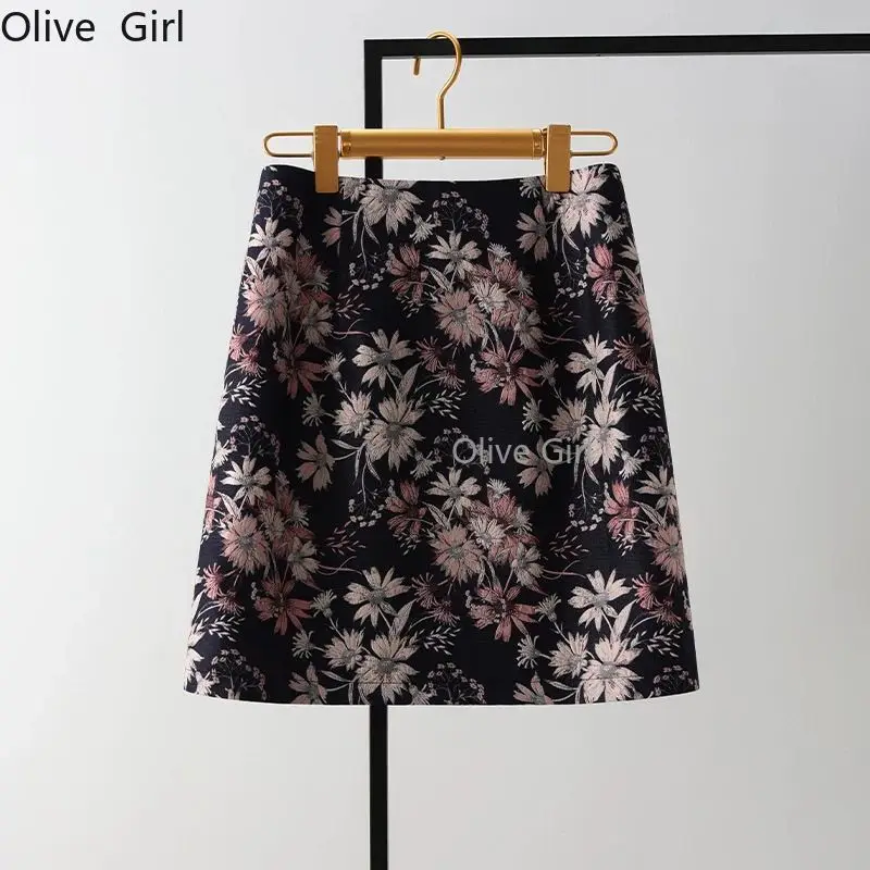 Retro Flower A-line Midi Skirt for Women Spring High Waisted Jacquard Floral Short Skirt Buttocks Wrapped Women Clothing