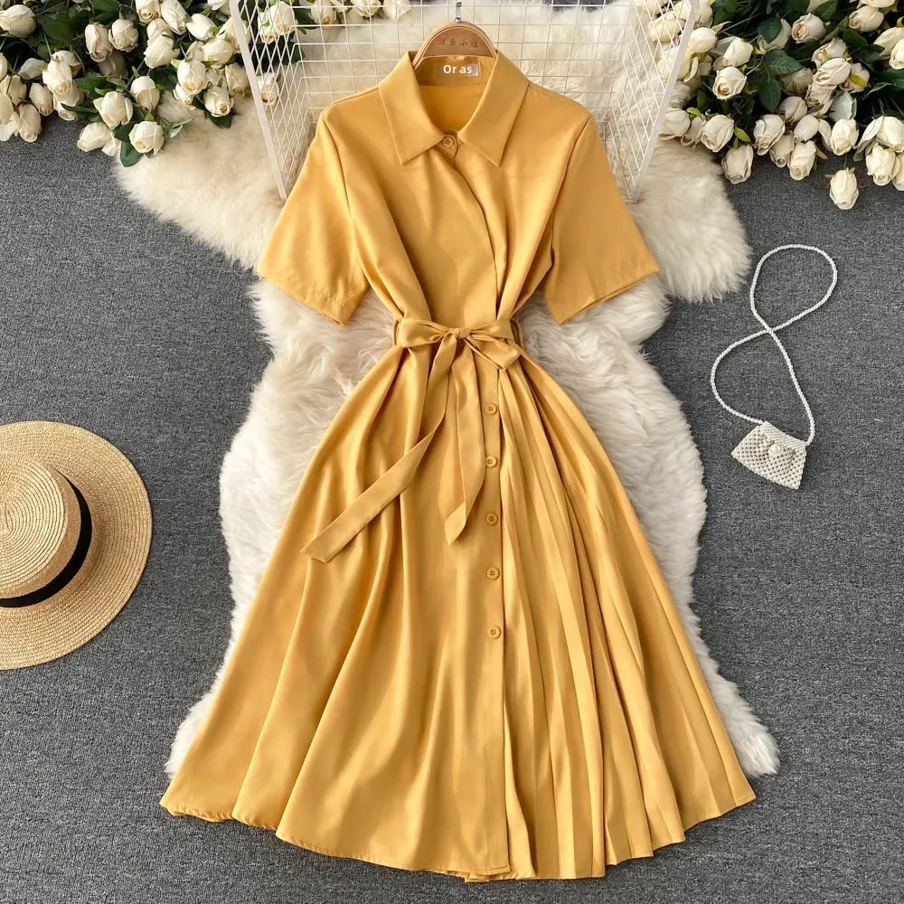 2022 New Style Hepburn Chic Women's Summer Elegant Maiden Lightweight Chiffon Pleated French Shirt Dress