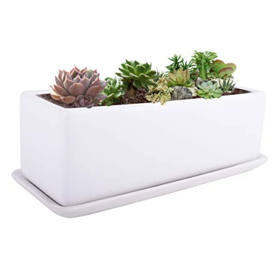 

Rectangular Modern Minimalist Ceramic Succulent Planter Pot - Window Box with Saucer, Office Desktop Potted Stand