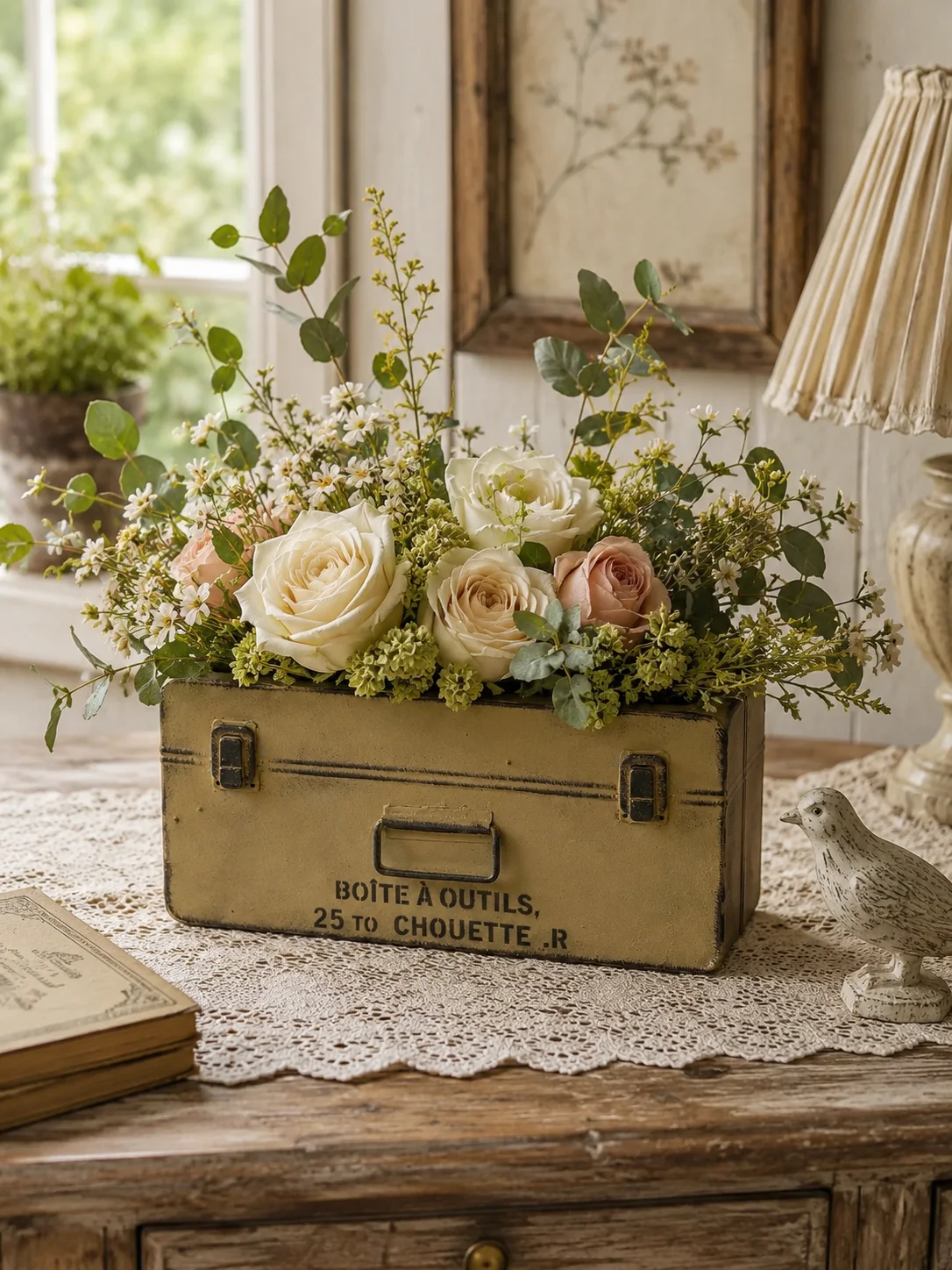 Vintage Distressed Metal Toolbox Planter, Rustic Open Top Flower Box, French Country Iron Floral Container for Table Centerpiece