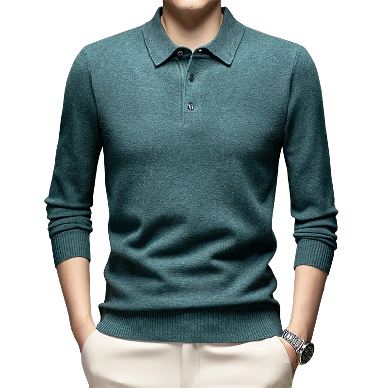 

Мужской осенний однотонный пуловер-поло с длинными рукавами из смесовой шерсти, свитер, простой мягкий вязаный пуловер