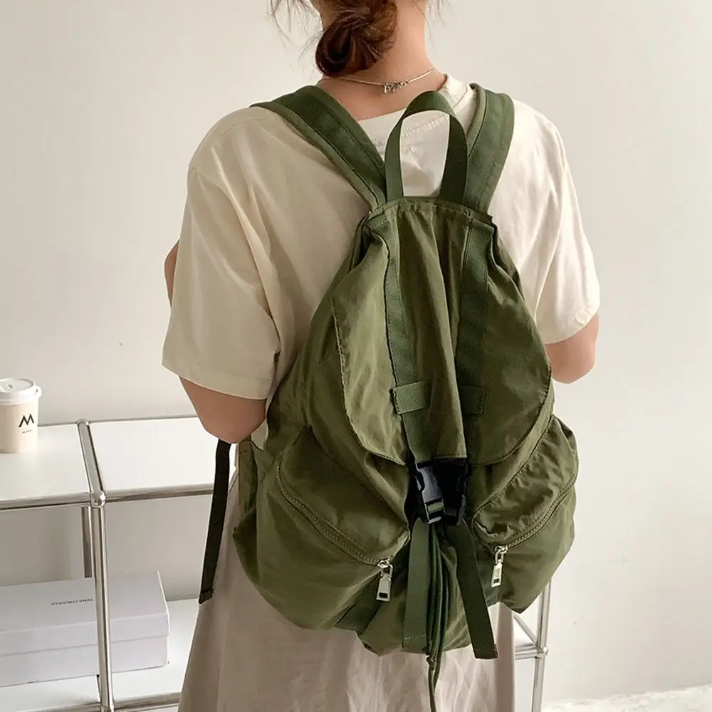 

Trendy Solid Color Drawsting Backpacks Light Weight Nylon Ruched Shoulder Bags Casual Large Capacity Student Schoolbag Travel