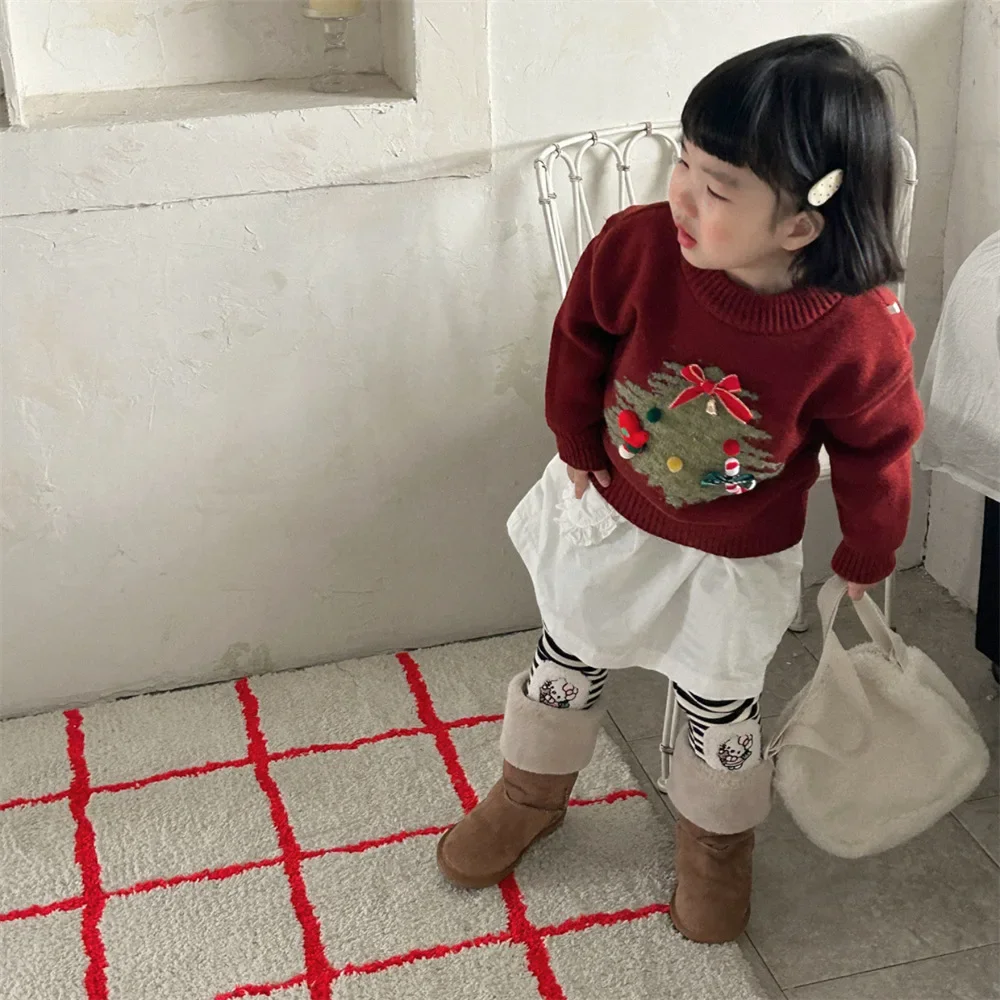 Girls Sweater 2024 Winter New Childrens Wear Korean Style Baby Girl Shande Velvet Thickened Christmas Tree Sweater Casual