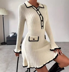 Sexy Elegant Dresses 2024 Autumn Winter Casual Color Blocking Small Fragrant Style Elegant Slim Fit Knitted Long Sleeved Dress